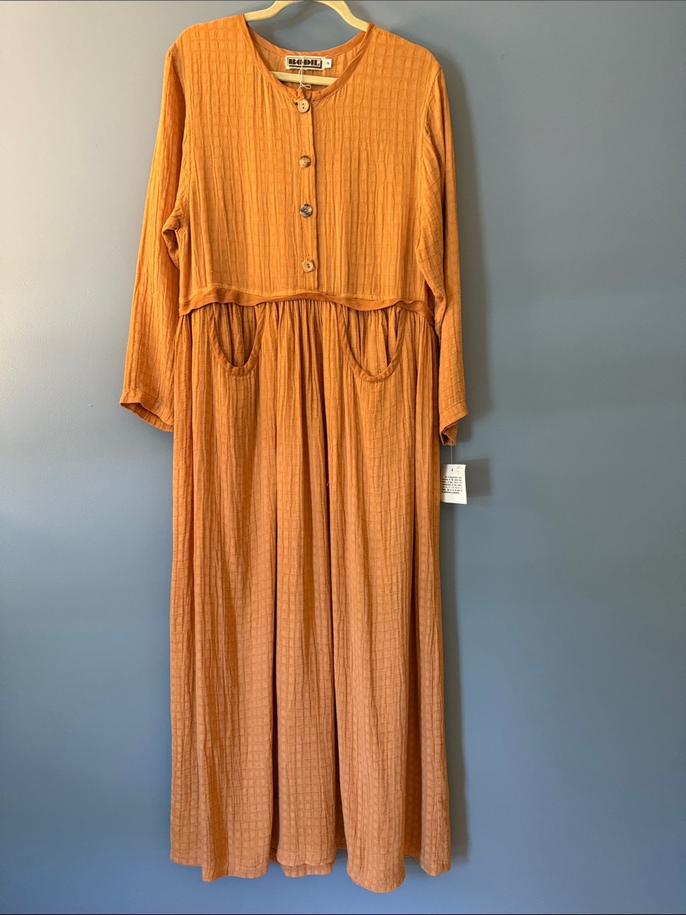 Bodil Vintage Boho Prairie Dress Rust Orange Button-Front Maxi NWT Pockets